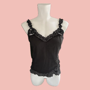 Black polka dot ruffle tank top – rosette detail, asymmetrical trim, Moffi